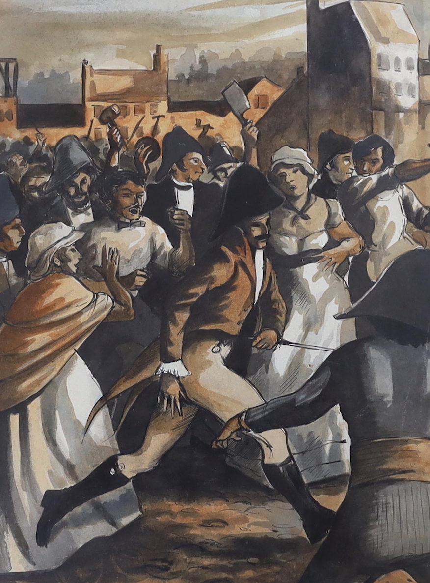 Michael Manning, pen, ink and watercolour, French Revolutionary scene, initialled, 30 x 22cm